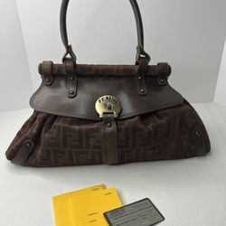 Authentic Fendi magic brown FF logo monogram suede satchel handbag