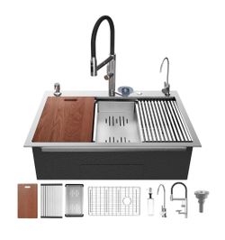 33 Inch Waterfall Kitchen Sink 16 Gauge 304 Stainless Steel Top Mount Smart Sink Deep Single Bowl Handmade Workstation Sinks with Accessories for Mode