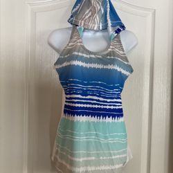 Reel Legends Hooded Cover Up SZ S Blue Sea Foam Green Sandy Beige & White Colors 