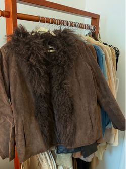 Vintage Chico’s Design Brown Suede Mongolian Fur Jacket Size 1