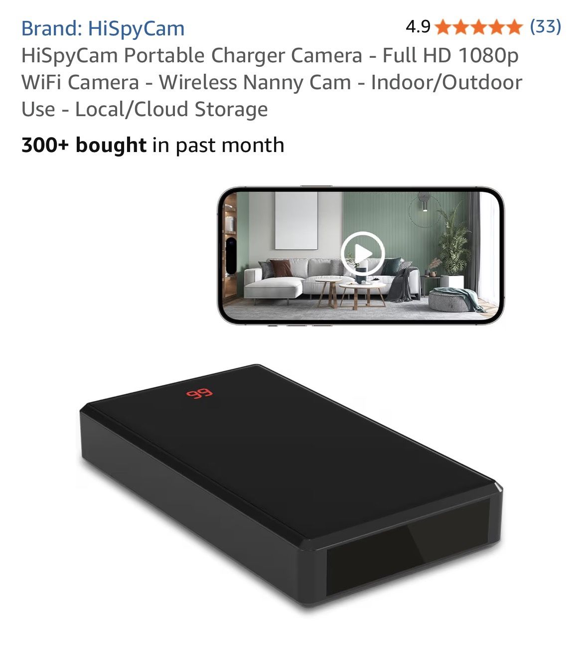 HiSpyCam Portable Charger Camera - Full HD 1080p WiFi Camera - Wireless Nanny Cam - Indoor/Outdoor Use - Local/Cloud Storage