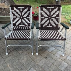 2 Vintage Sunbeam Macrame Woven Aluminum Lawn Chairs