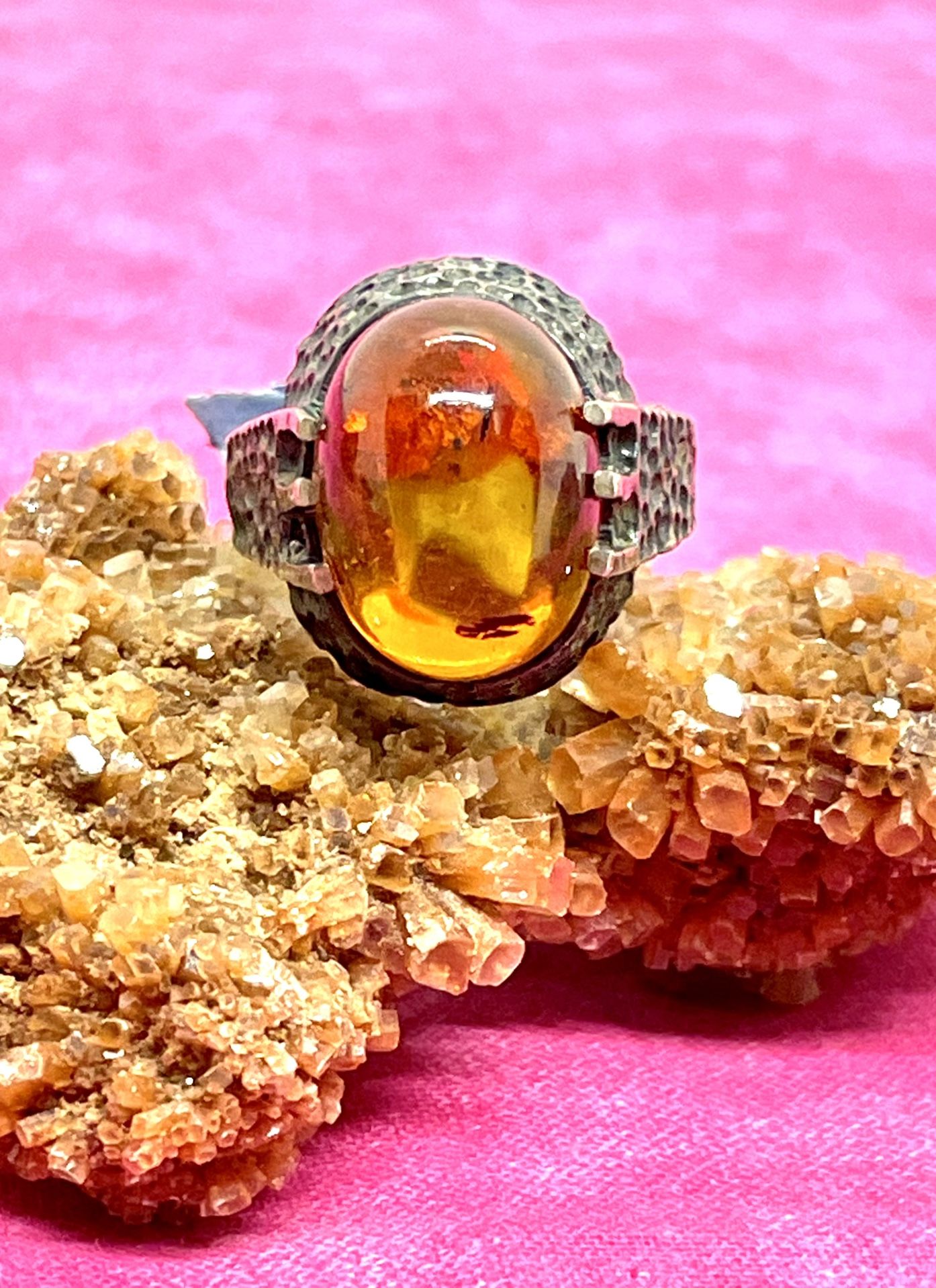 Vintage Amber Bakelite Silver Ring