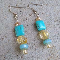 Handmade Natural Turquoise - Natural Citrine - Crystal Glass Bead Earrings