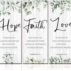 3 Pieces Faith Hope Love Wall Decor Bible Verse Inspirational Wall Art Hanging Wall Plaque Rustic Wooden Green Leaves Wall Sign Scripture Quote for Ho