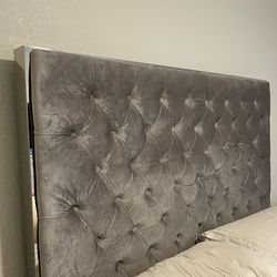 Queen Size -Modern-Grey Velvet Tufted Headboard & Bed Frame (No Slats)