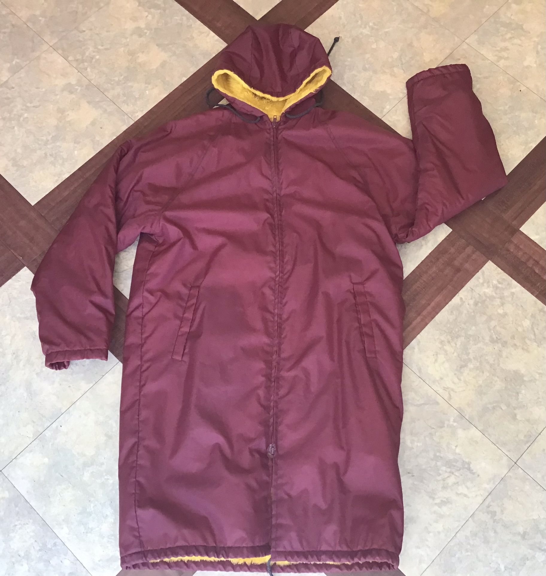 Maroon And Gold Long Parka Szmed