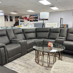 Dark Gray Microfiber Sectional Couch W/ Manual Recliners For Sale ( Furniture Labor Day Sale )