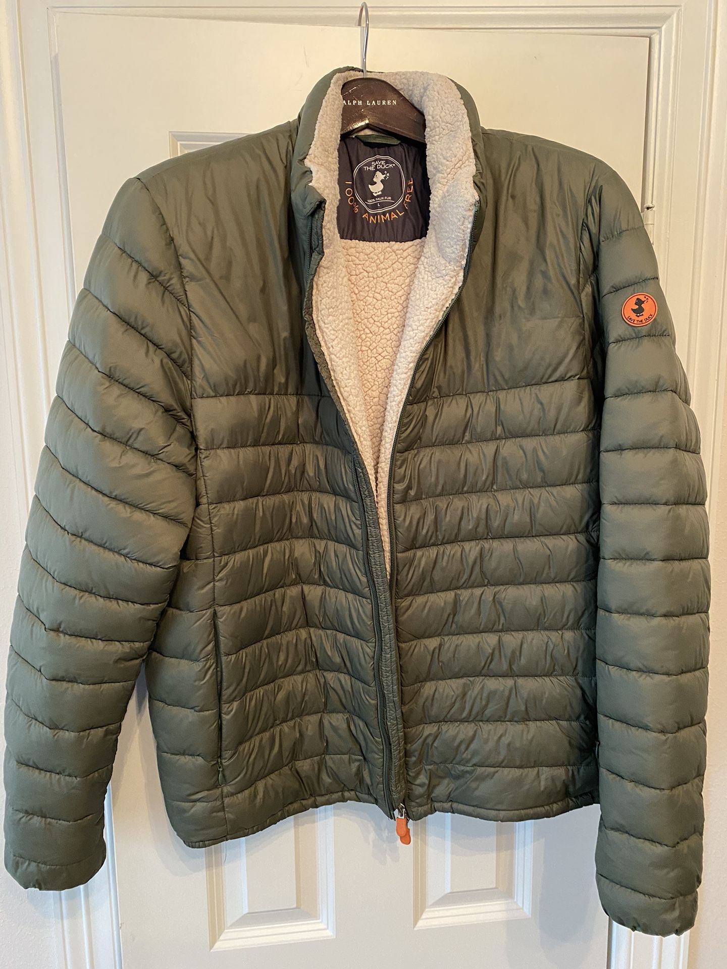 SAVE THE DUCK Mens Green Sherpa Lined Quilted Puffer Jacket L