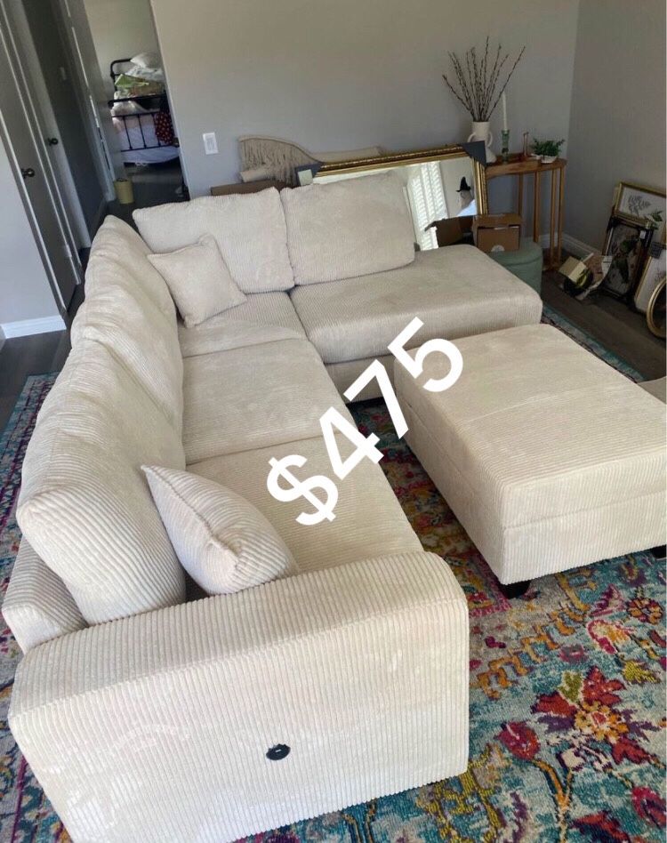 Beautiful 3-Pc Beige Corduroy Sectional Sofa Set