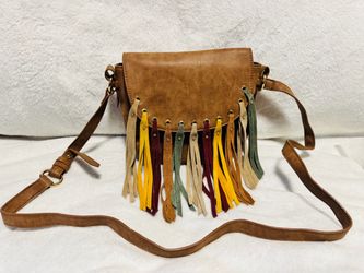 Brown Crossbody Bag with Multicolor Fringe