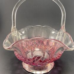 Vintage Iridescent Glass Fruit Basket With Large Flower Frog—Can be used as vase or fruit bowl 