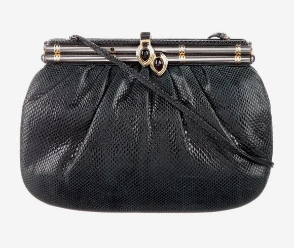 VINTAGE JUDITH LEIBER BLACK KARUNG SNAKESKIN CABOCHON JEWELED BAG