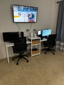 White Double Two Person Desk w/ Shelves