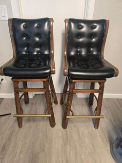 Rare Pair of Vintage Romweber Swivel Bar Stools (1970) – Model 12420 – Solid Oak – Made in USA