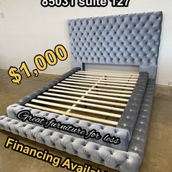 Queen size bed frame grey velvet brand new