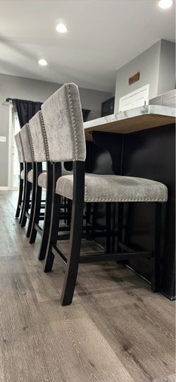 Gray Upholstered Bar Stools with Nailhead Trim – Set of 4