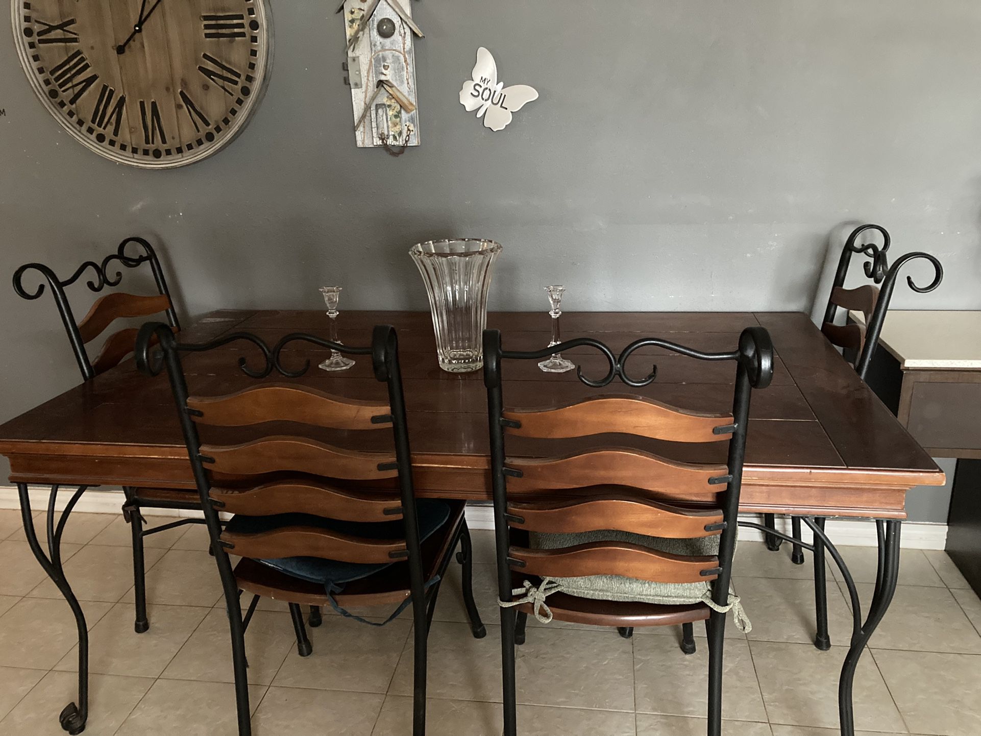 Wood /Rod Iron Table / 6 Chairs