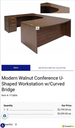 Modern Walnut U-Shaped Workstation with Curved Bridge