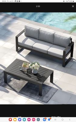 Outdoor Patio Aluminum Sofa, Metal Modern 3-Seat Couch with Washable Thick Cushions´╝îcoffee table
