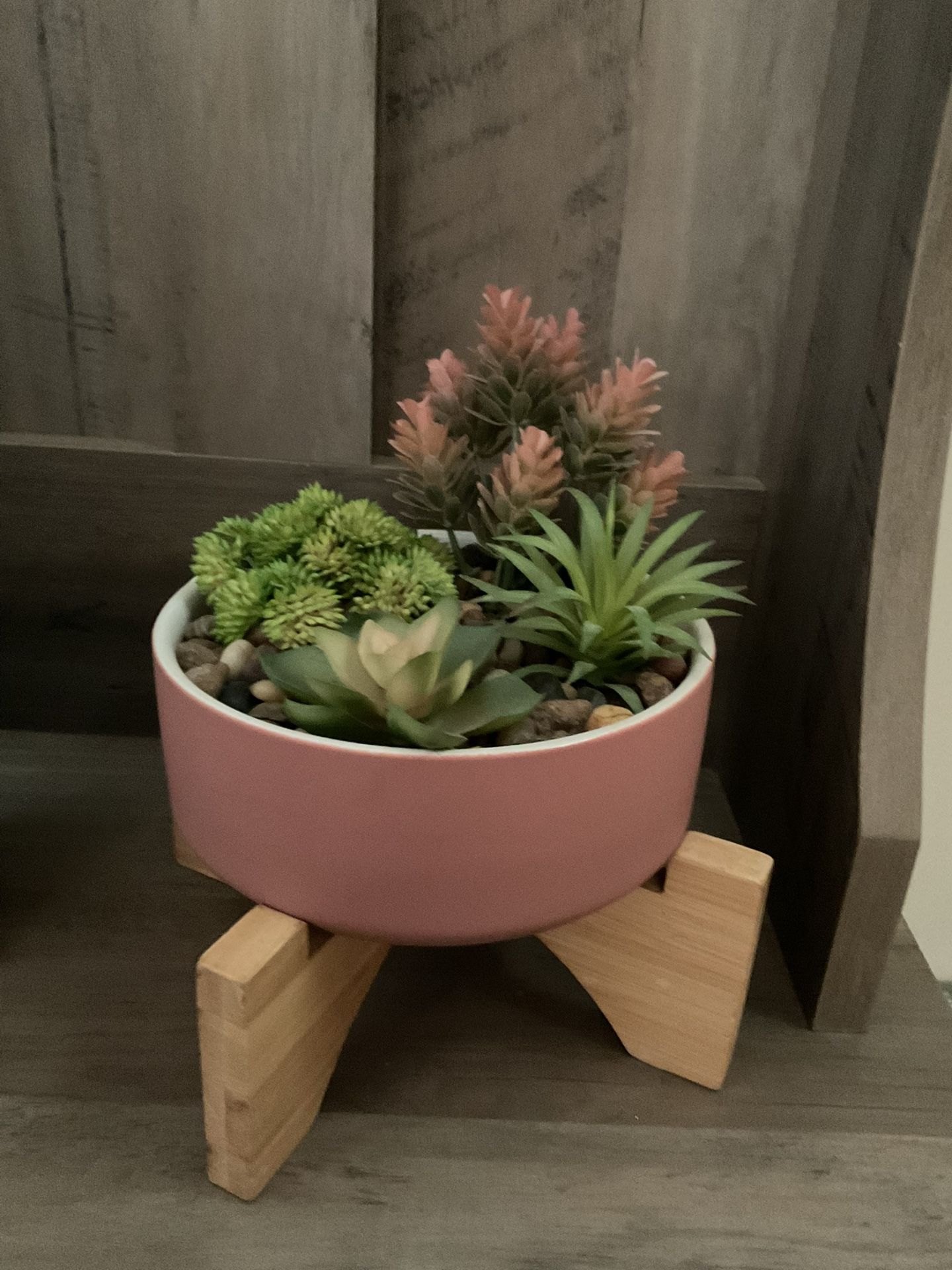 Faux Succulent Plants In Pink Ceramic Bowl