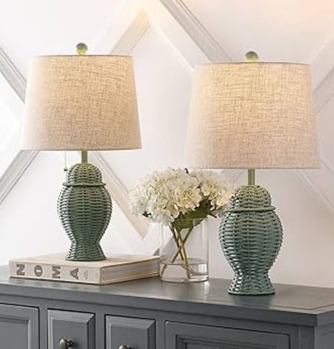 SET of 2 Boho Rattan Wicker 20.5" Bohemian Rustic Iron LED Table Lamps Farmhouse