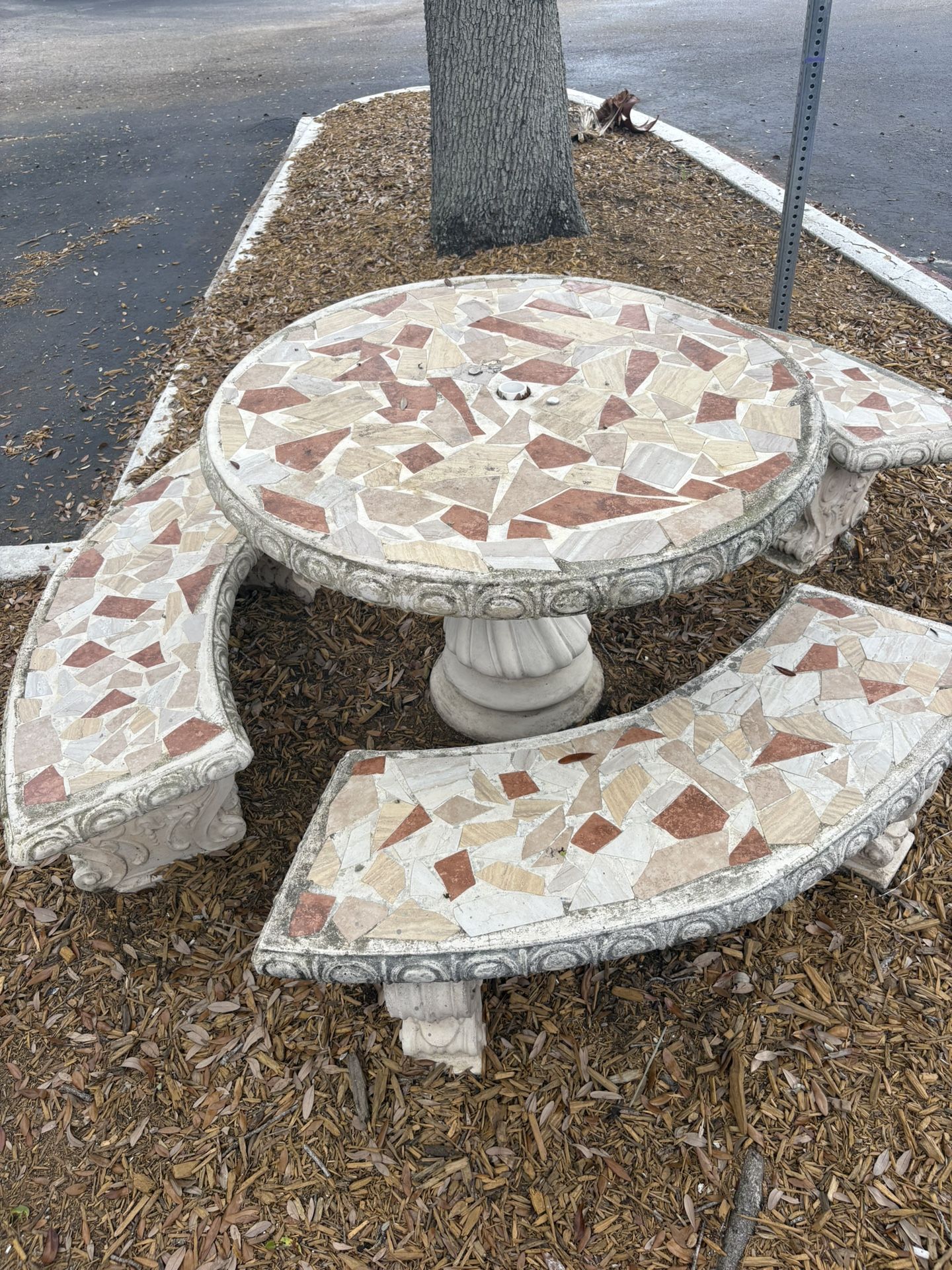 Concrete Mosaic Table With Three Benches