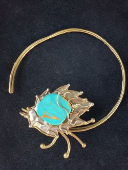 $15. Gold toned brass hanger turquoise firestone necklace. Hippie. Bohemian. Rhapsody. Boho. Adjustable. Choker. Mid-century.