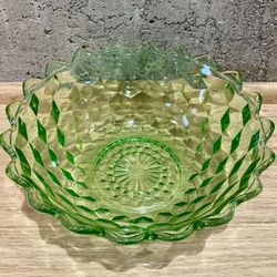 VTG Jeannette Cube/Cubist Salad Bowl Green Depression Glass Vaseline/Uranium