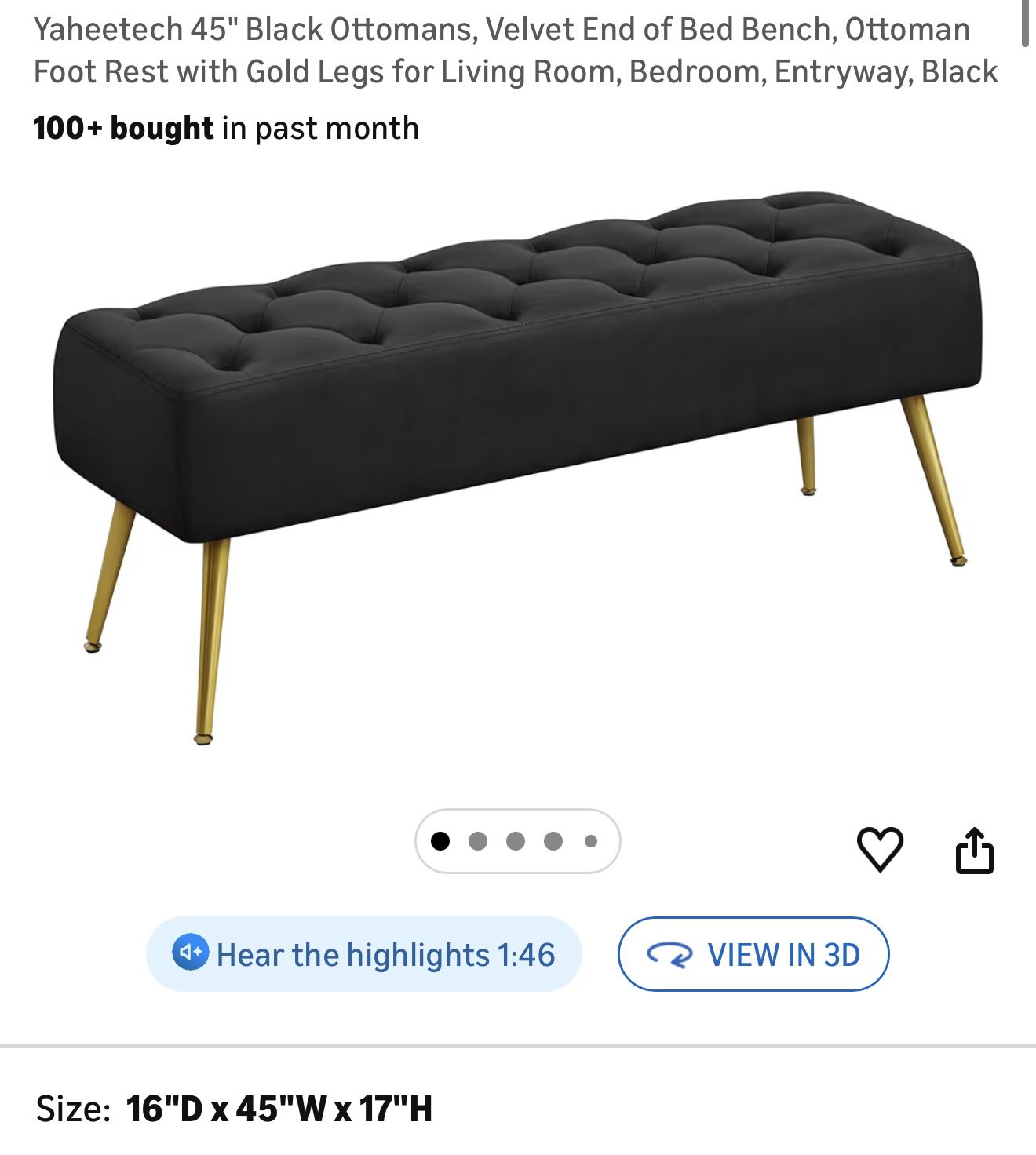 45” Black Ottoman w/ Gold Legs