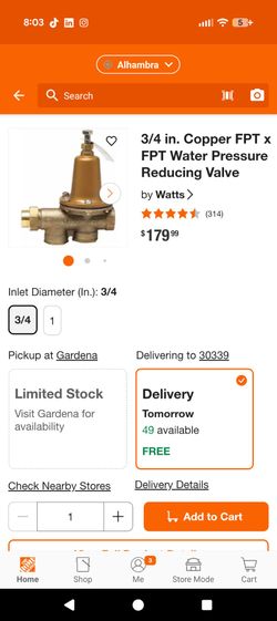 3/4  copper fpt water pressure reducer valve