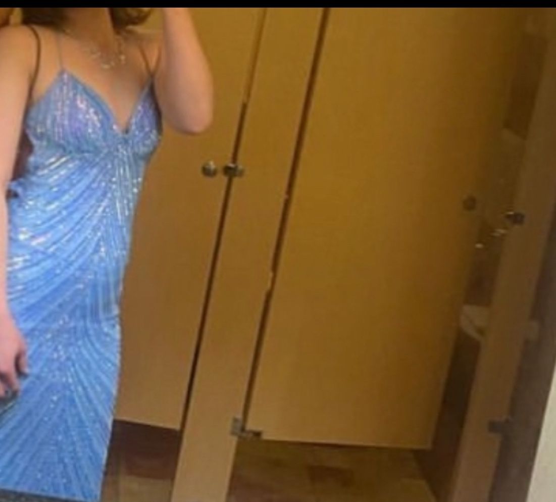 Blue Sparkly Backless Prom Dress