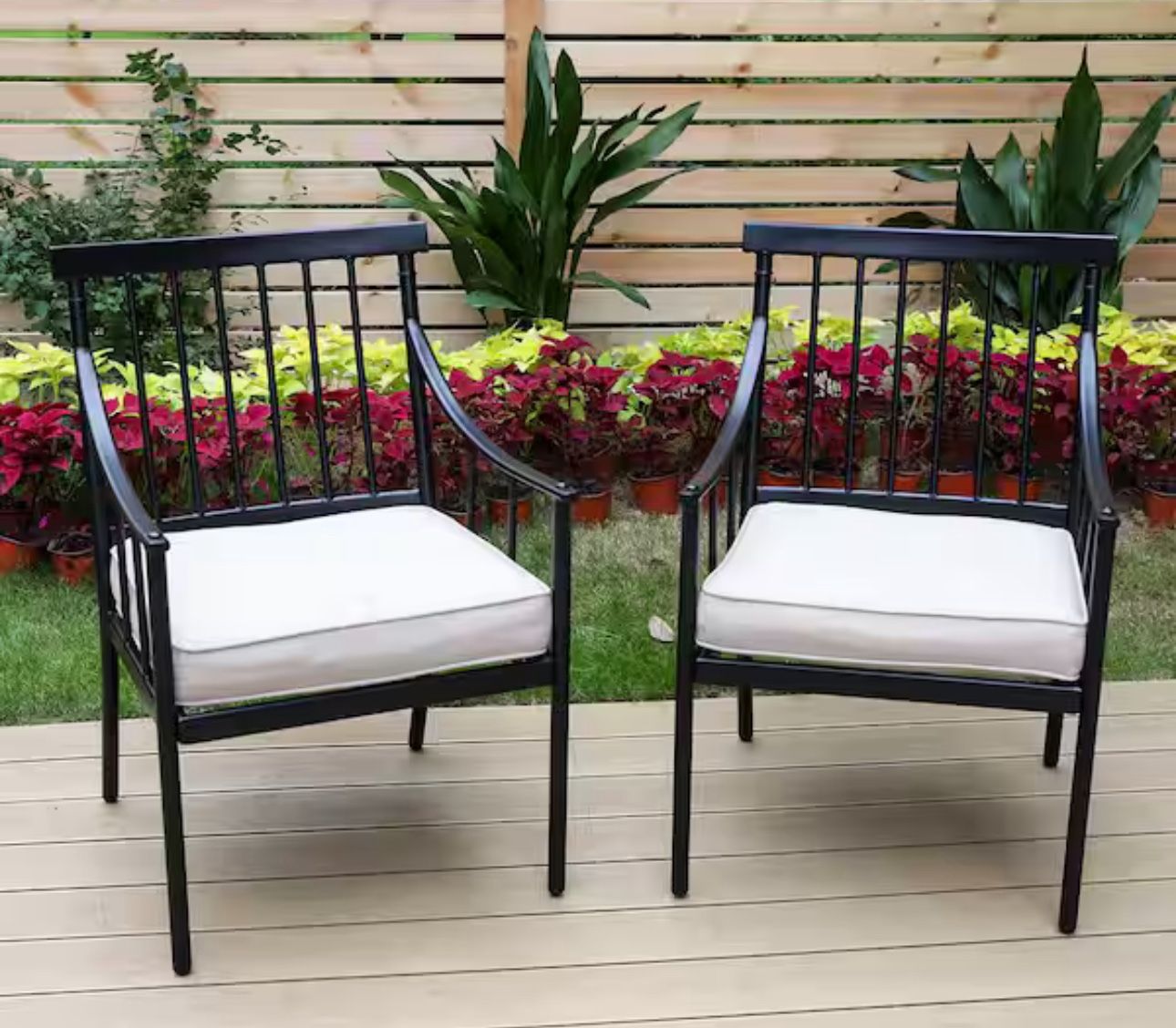 Ergonomic Black Metal Stylish Patio Outdoor Dining Chair with Beige Cushion (2-Pack
