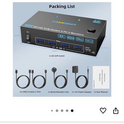 4K@144Hz KVM Switch 1 Monitors 2 Computers 8K@60Hz,Camgeet HDMI and Displayport Dual Monitor KVM Switch with 4 USB 3.0 Port for Keyboard Mouse Printer
