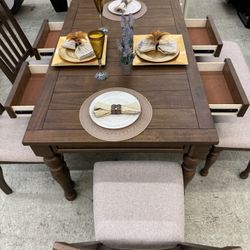 Dining Room Table With Drawers, 4 Chairs, And A Bench