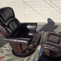 Brown Leather Manual Reclining Swivel Arm Chair and Ottoman