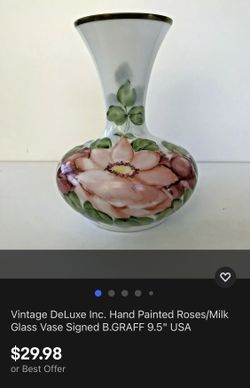 Vintage DeLuxe Inc. Hand Painted Roses/Milk Glass Vase Signed B.GRAFF 9.5" USA