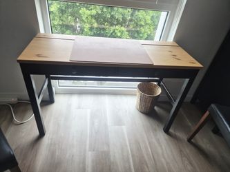 Small IKEA desk with 2 drawers, pine top and black wood frame, Los Feliz LA