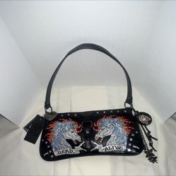 Ed Hardy Studded Embroidered Shoulder Bag Horse Applique Charm Black Multicolor