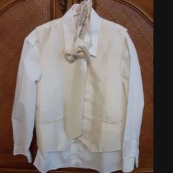 Boys Size 10, 4 Piece Cream Color: Collared shirt,  Vest,  Tie, And Bowtie 