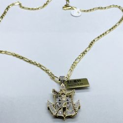 14k Solid Gold Figaro Chain And Anchor With Diamond Pendant , Necklance Gold