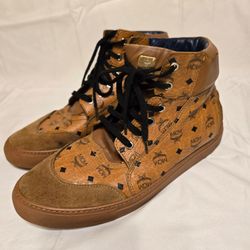 MCM Visetos High Top Sneakers Brown Leather Monogram Men’s Shoes