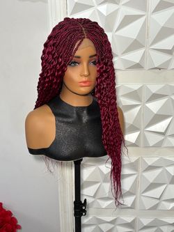 Handmade Curly Braided Closure Wig Burgundy Lightweight Natural Density Low Ponytail 24 Inches