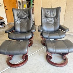 (2) Ekornes Stressless Wing Recliners and Ottomans, Copenhagen
