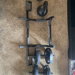 Pull Up Bar, 2 Five Pound Dumbbells, 2 Five Pound Weights , 22kg Pound Kettlebell 