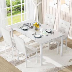 Dining Table Set for 4,Faux Marble Kitchen Table and Chairs Set of 4, Modern Dining Room Table Set for 4,Dinner Table with 4 Leather Chairs, Dinette S