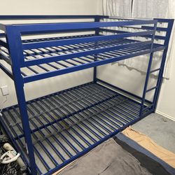 Bunk Bed Full Over Full Metal Frame With Ladder Navy Low Style Heavy Duty Bedroom Furniture