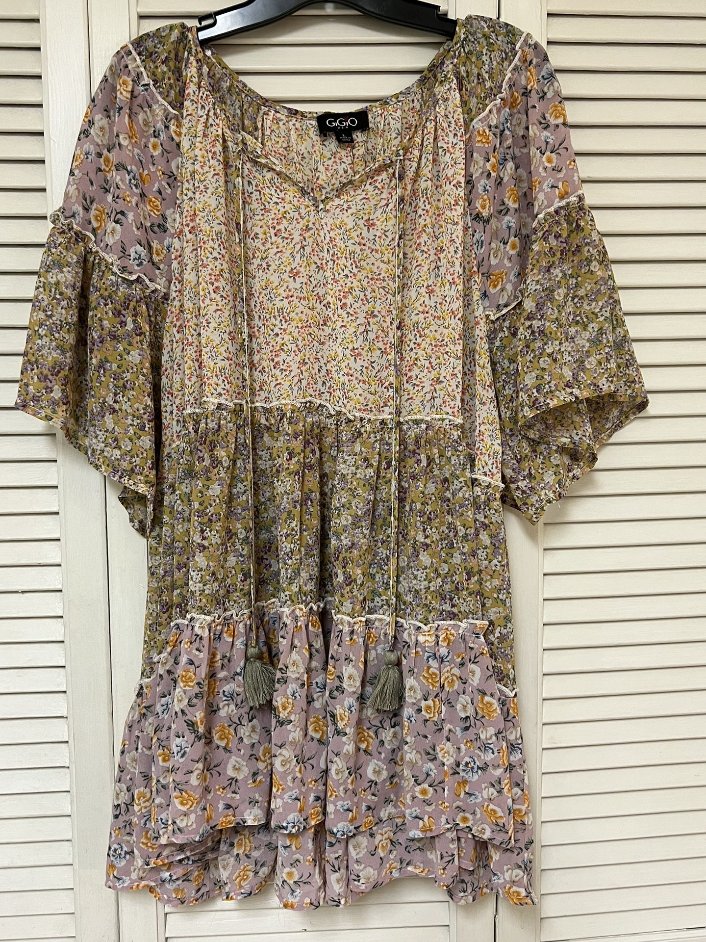 Gigio Womens Mixed Pattern Top Boho Oversized Top - Size Large - EUC