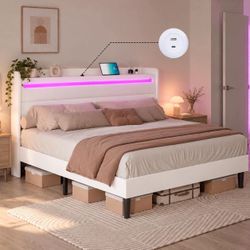 🔥 king size bed frame with LED light and charging hub  brand new in box cama king size P-11