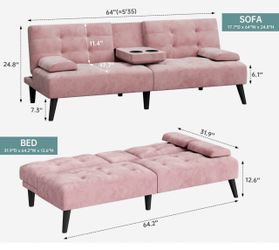 Pink VelvetConvertible Futon Sofa Bed with Cup Holders